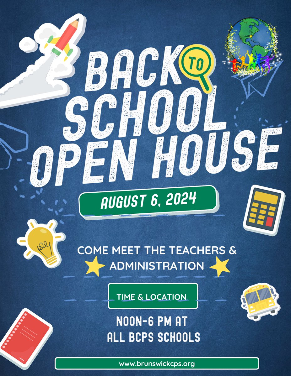 Get ready for an exciting new school year! Join us for the Back to School Open House on Aug. 6, 2024, from Noon to 6 PM at all BCPS schools. Meet your teachers, explore your classrooms, and get prepared for a fantastic year ahead. We can't wait to see you there! #BrunswickStrong