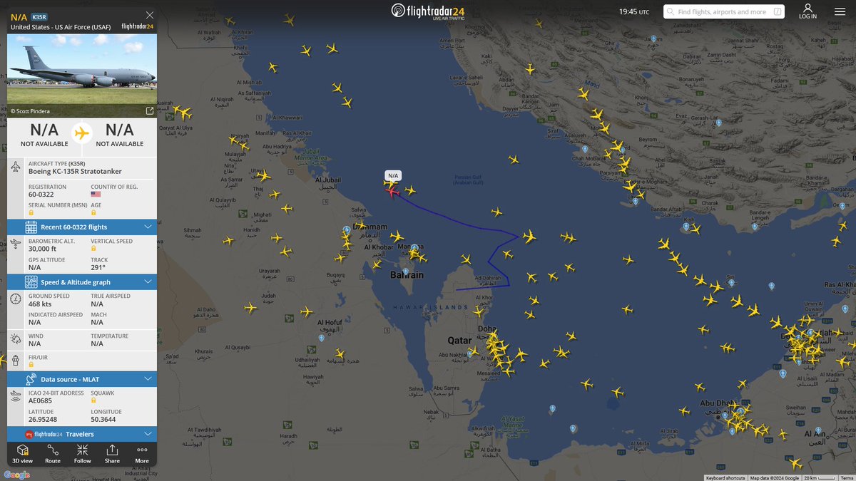 AIYeyENGDdJkjTr's tweet photo. Aug. 3, 2024
#Al-Udeid Air Base #Iraq

#NoCALLSIGN #AE0685 USAF KC-135R Stratotanker https://t.co/czcDXSzSw9