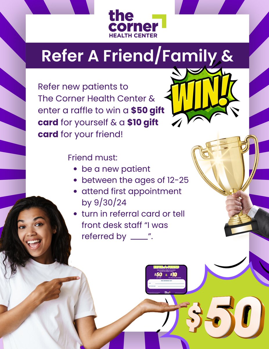 Refer a friend/family member &amp; WIN 🥳

Enter a raffle for a chance to win:
💸 $50 gift card for you
💸 $10 gift card for the person you referred

Get your referral card from our front desk!

Learn more ⤵️

#CornerHealthCenter