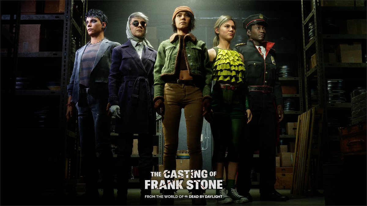 Five characters wearing exclusive costumes from the Deluxe Edition, standing in a storage room.