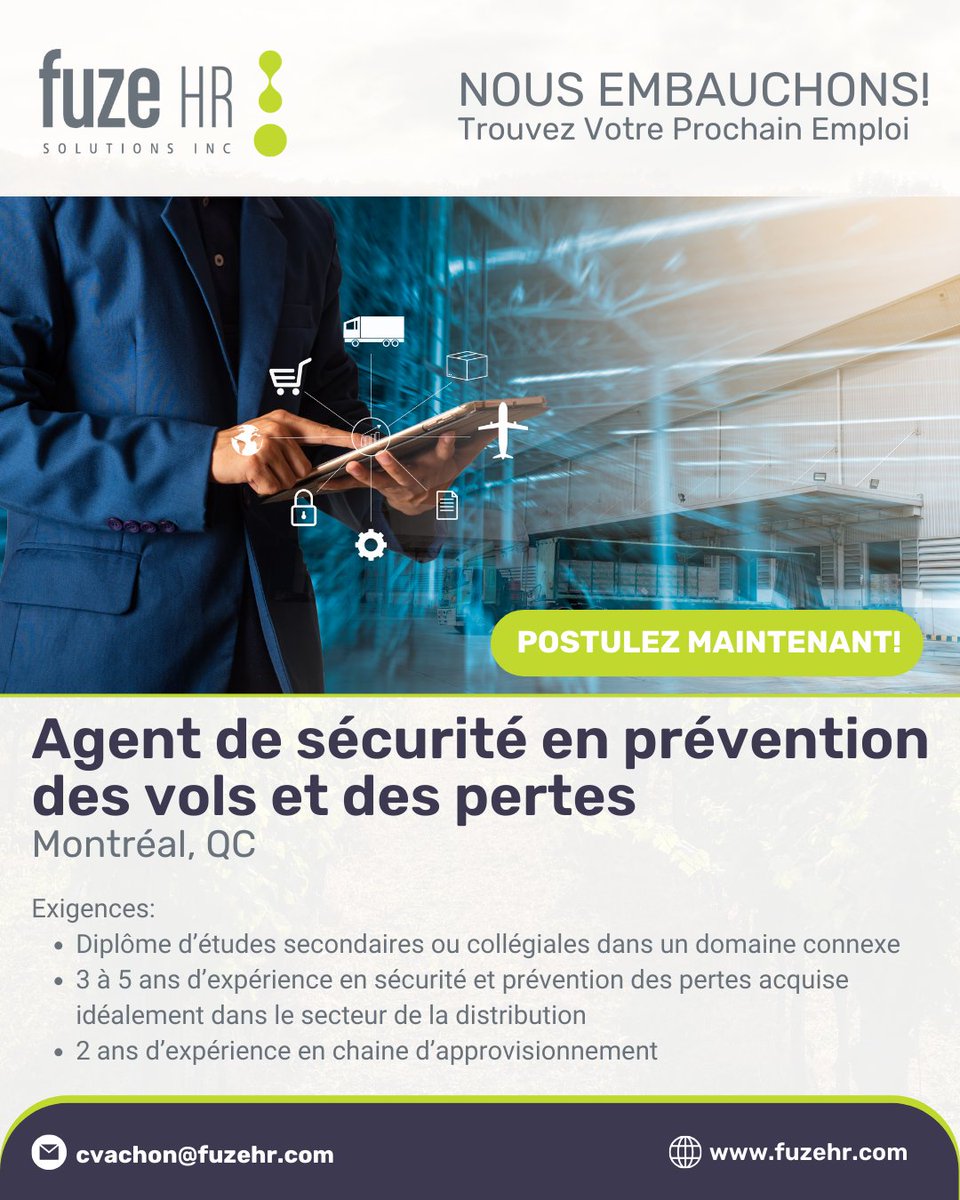 FuzeHR's tweet image. Nous recrutons un Agent de sécurité en prévention des vols et des pertes à Montréal, QC.

Apprenez en plus ici : ow.ly/MItM50SOp9m

#SecurityAgent #LossPrevention #SecurityJobs #Montreal #Quebec #Canada #ApplyNow #Emploi #Carriere #Recrutement #Recruitment #Staffing #Agency
