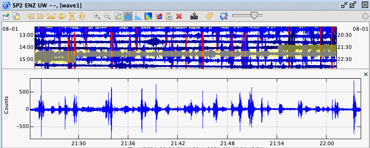 PNSN1's tweet image. Happy #FieldworkFriday and happy #Seafair Weekend! Our station at Seward Park in Seattle (SP2) detects the @BlueAngels soaring overhead! Their flybys are clearly seen on the seismograms during the Thursday practices. Watch for them in the skies and on PNSN.org.