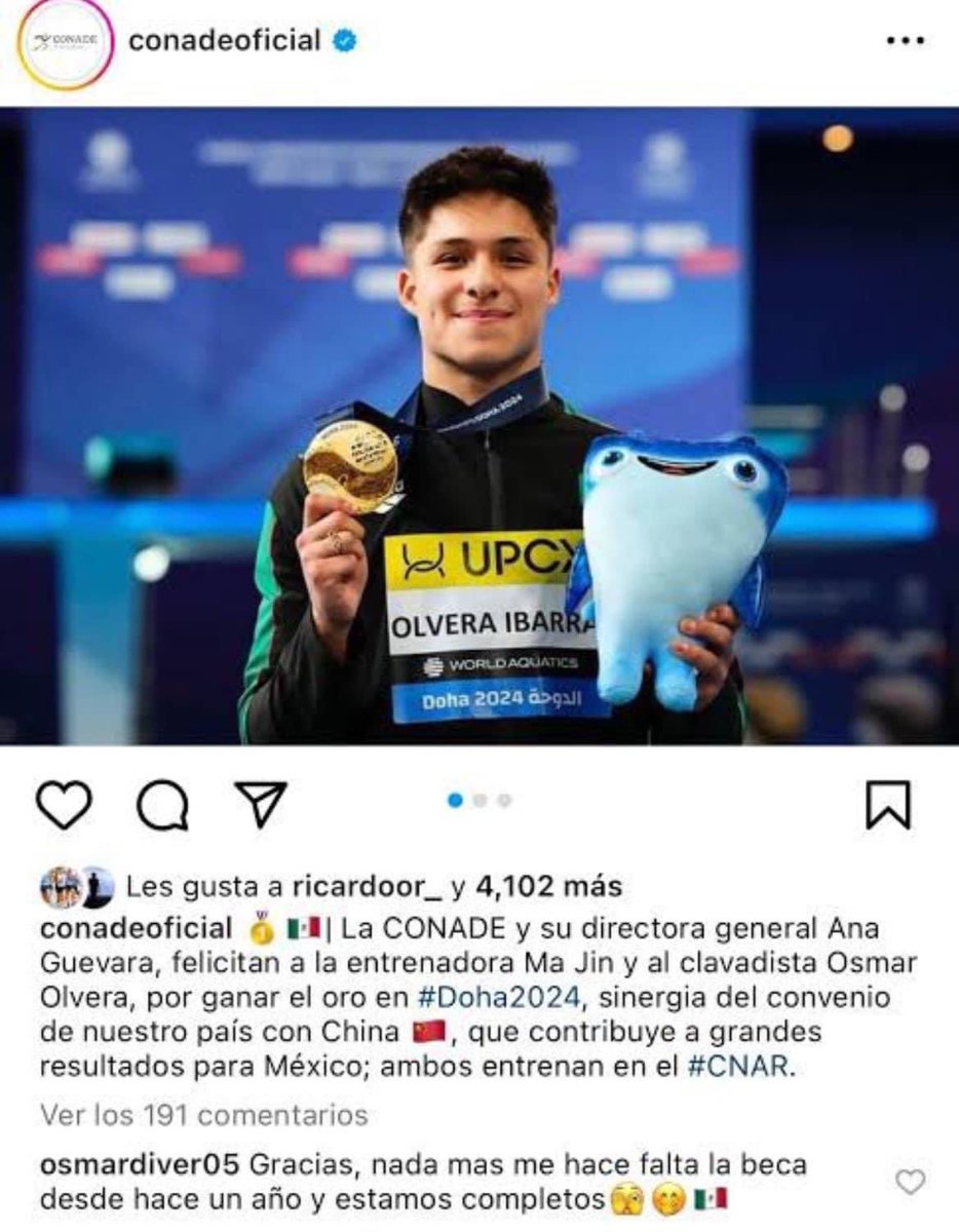 DamarisAl1's tweet photo. Medalla pese a Ana Guevara y la CONADE. "Gracias, nomás me hace falta la beca desde hace un año y estamos completos" dijo Osmar después de encumbrarse en Doha.  #Clavados https://t.co/j2Ft42k2fl