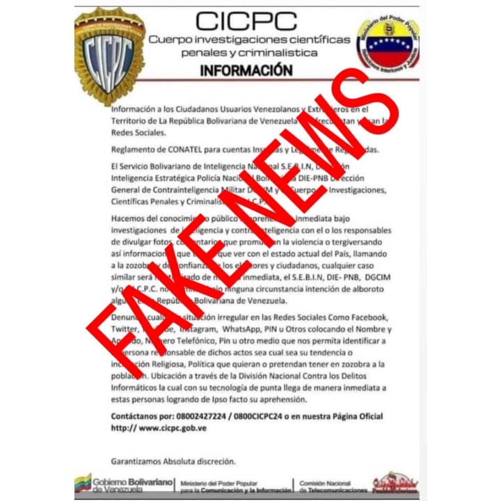 Esta información es falsa. No hagamos eco de noticias que no son verdad. Instamos a la población a verificar siempre nuestras cuentas oficiales