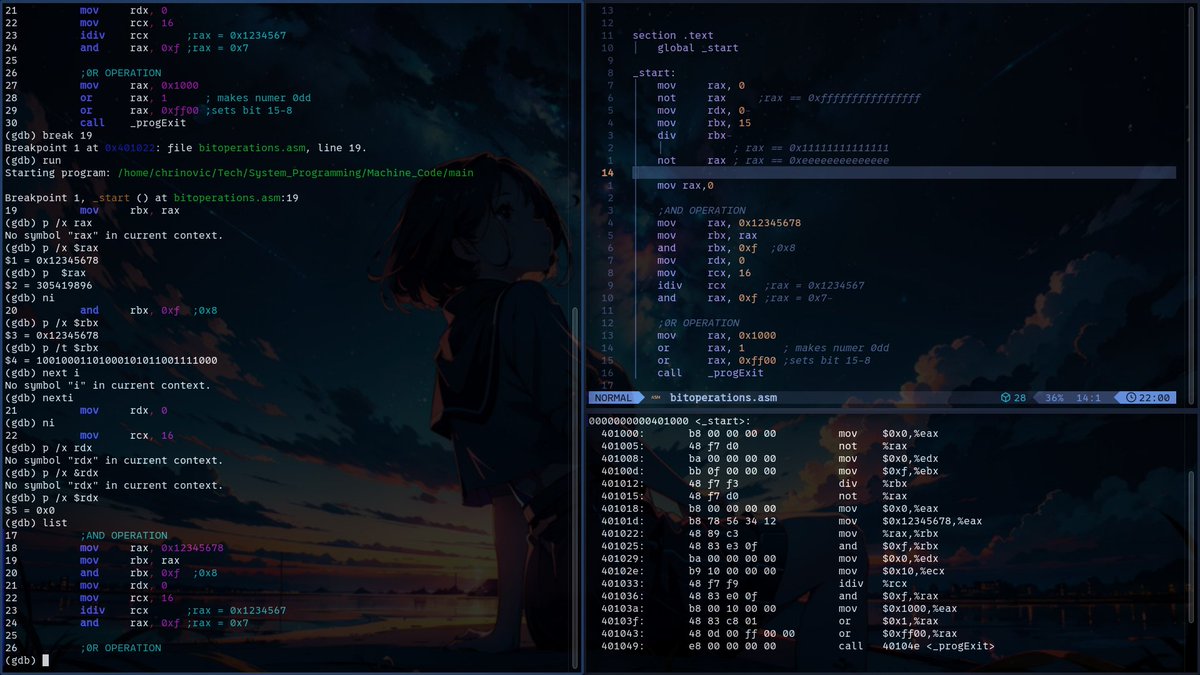 mu_chrinovic's tweet image. Day 0b10110 of #LowLevelProgramming
>learnt conditional mov and read a bit on code optimisation .
>Started with bitwise operations. It's quite tricky as I learnt bitwise using binary, and now everything is in hex.
>Had to divide in order to shift bits.🧠
Chapter is quite long