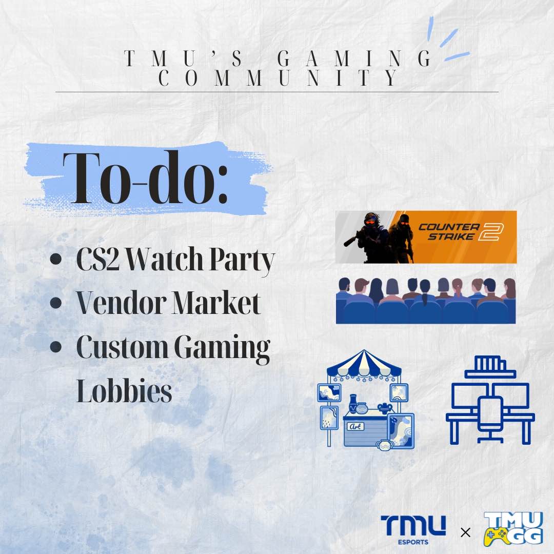 TMU Esports (@tmuesports) on Twitter photo Come join <a href="/tmu_gg/">TMU Gamers Guild</a> and <a href="/TMUEsports/">TMU Esports</a> at the TMU Gaming Summer Smash!
📍 - 80 Gould St. @ Red Bull Gaming Hub
🗓️ - Aug. 18th
⏱️ - 12pm to 6:30pm
Check out the Vendor Market, play in custom gaming lobbies, and the CS2 Watch Party!
Sign up link in bio (TMU students only) Come join <a href="/tmu_gg/">TMU Gamers Guild</a> and <a href="/TMUEsports/">TMU Esports</a> at the TMU Gaming Summer Smash!
📍 - 80 Gould St. @ Red Bull Gaming Hub
🗓️ - Aug. 18th
⏱️ - 12pm to 6:30pm
Check out the Vendor Market, play in custom gaming lobbies, and the CS2 Watch Party!
Sign up link in bio (TMU students only)