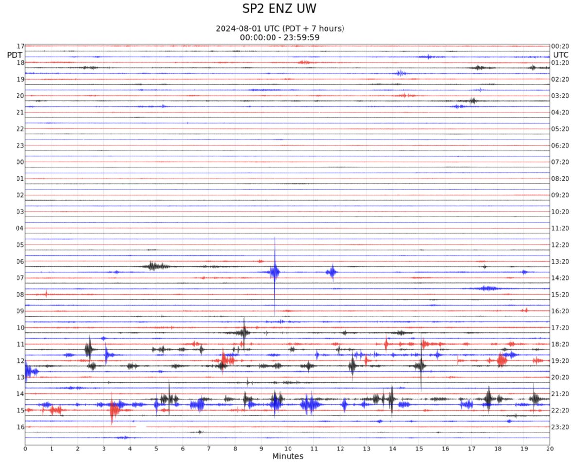 PNSN1's tweet image. Happy #FieldworkFriday and happy #Seafair Weekend! Our station at Seward Park in Seattle (SP2) detects the @BlueAngels soaring overhead! Their flybys are clearly seen on the seismograms during the Thursday practices. Watch for them in the skies and on PNSN.org.