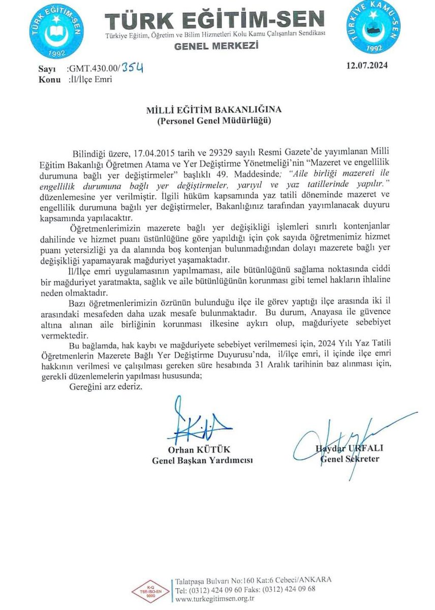 Ailelerin birleşmesi engellenmemeli, il/ ilçe emri verilmelidir. Türk Eğitim-Sen ‘in haklı talebi karşılık bulmalıdır. #ÖzürGrubuİlEmriBekliyor
