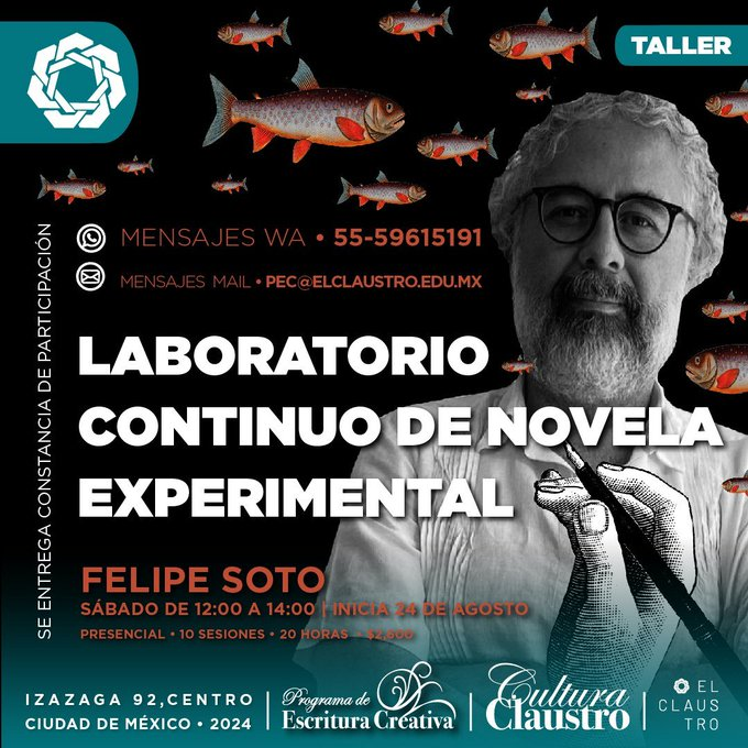 PEC_Claustro's tweet photo. 𝐓𝐀𝐋𝐋𝐄𝐑 𝐃𝐄 𝐍𝐎𝐕𝐄𝐋𝐀 La novela de personaje con Felipe Soto
@Felpas
📷Inicio Sábado 24 de agosto 📷12:00-14:00 Presencial. Izazaga 92 Col Centro Inscripciones e informes https://t.co/Pl4EkYJnLh https://t.co/TV7FV0gxS7