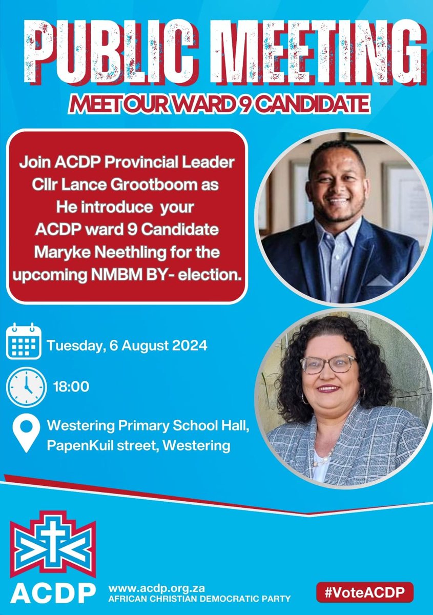 Mariann69759916's tweet photo. by-elections
Ward 9 : Nelson Mandela Bay
Eastern Cape, South Africa!
#voteACDP https://t.co/iYQvVO8tEF