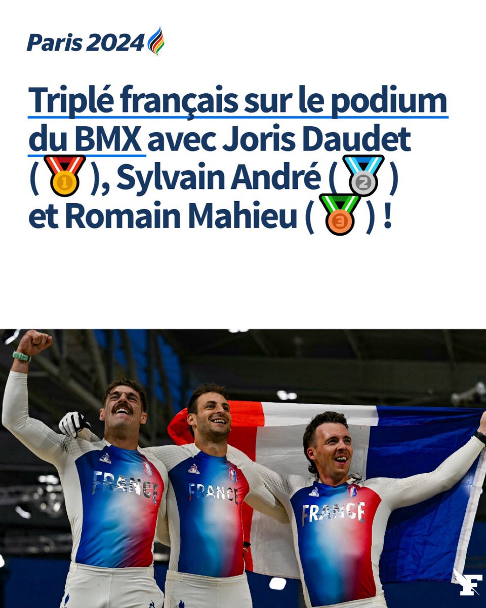 choucroute_67's tweet photo. 💙🤍❤️ 
‼️Quelle image après le TRIPLÉ 🇫🇷🤗✨
Félicitations à Joris Daudet, Sylvain André et Romain Mahieu✨
🚴‍♂️🚴‍♂️🚴‍♂️Ils entrent dans l'histoire du sport français 🇫🇷. 🤗
La France n'avait jamais connu de médaille olympique en BMX Racing chez les hommes et voilà qu'on a un triplé à domicile, aux Jeux olympiques de #Paris2024  !
BRAVO 🥇 🥇 🥇 👏👏C’est leur jour de gloire ✨🫶💫
#Paris2024   #OlympicGames   #JeuxOlympiques 🔥