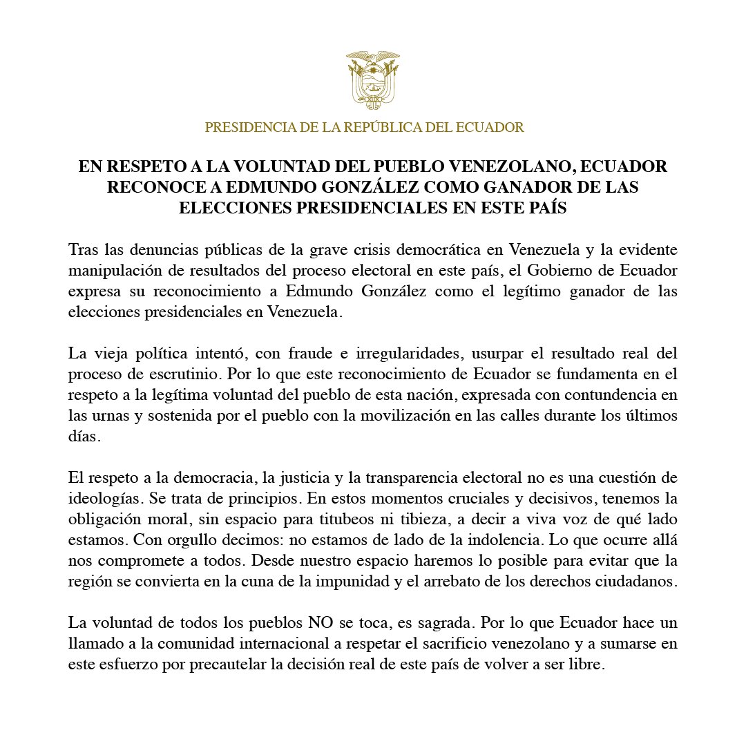 FranciscDefranc's tweet photo. El.gobierno del Ecuador reconoce a Edmundo González como nuevo presidente de Venezuela. https://t.co/hCctipPpXh