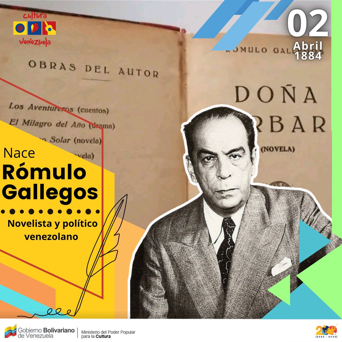 #Efeméride. Hace 140 años Nace uno de los más grandes literatos latinoamericanos de todos los tiempos, "Rómulo Gallegos" .Algunas de sus novelas, como Doña Bárbara o Barracuda, han pasado a convertirse en clásicos de la literatura hispanoamericana.