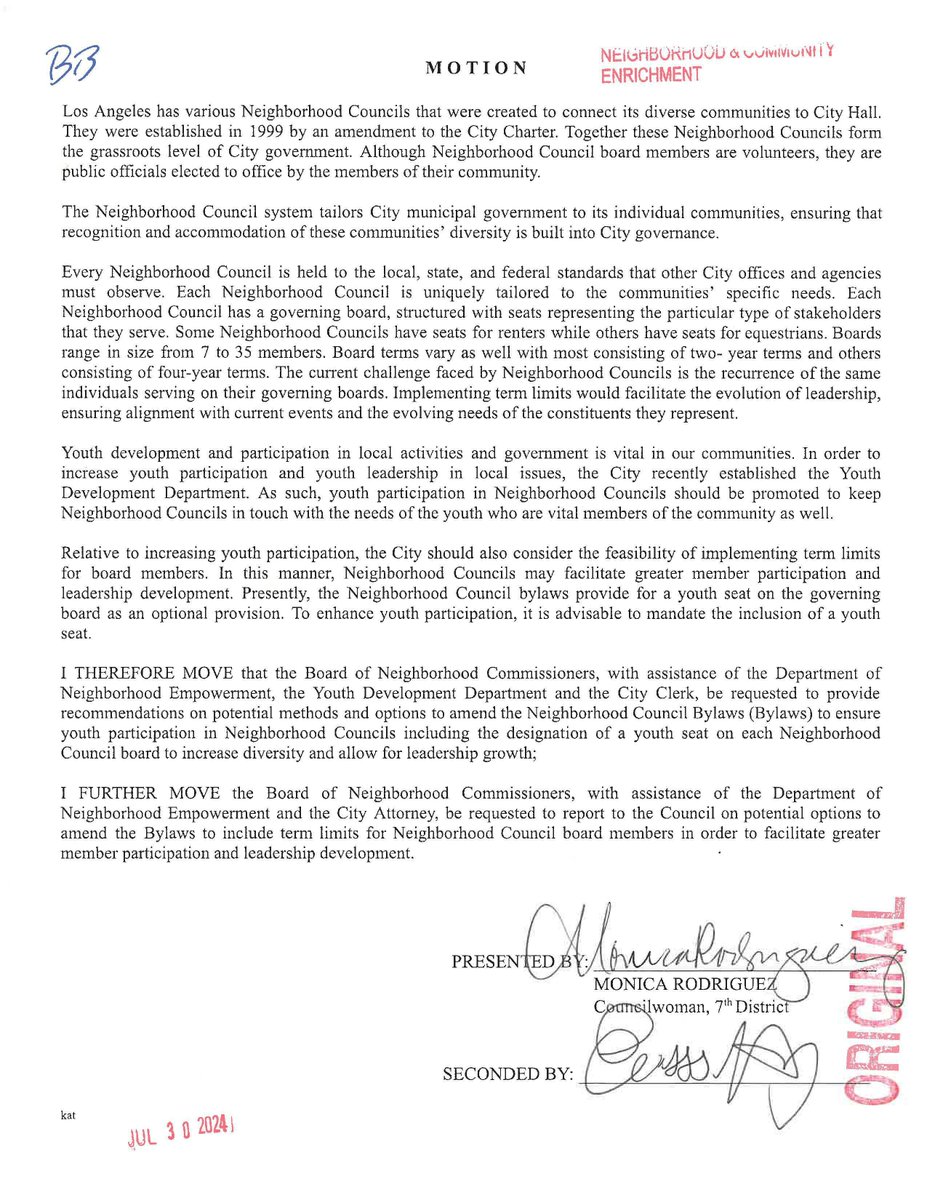 Seeking to mandate term limits on all Neighborhood Council Board members, Councilmember <a href="/MRodCD7/">Councilwoman Monica Rodriguez</a>  Rodriguez introduced a motion (Council File 24-0867)  this week to do so without any known consultation with any of the City's 99 NCs or their Alliances.  What is she really up to???
