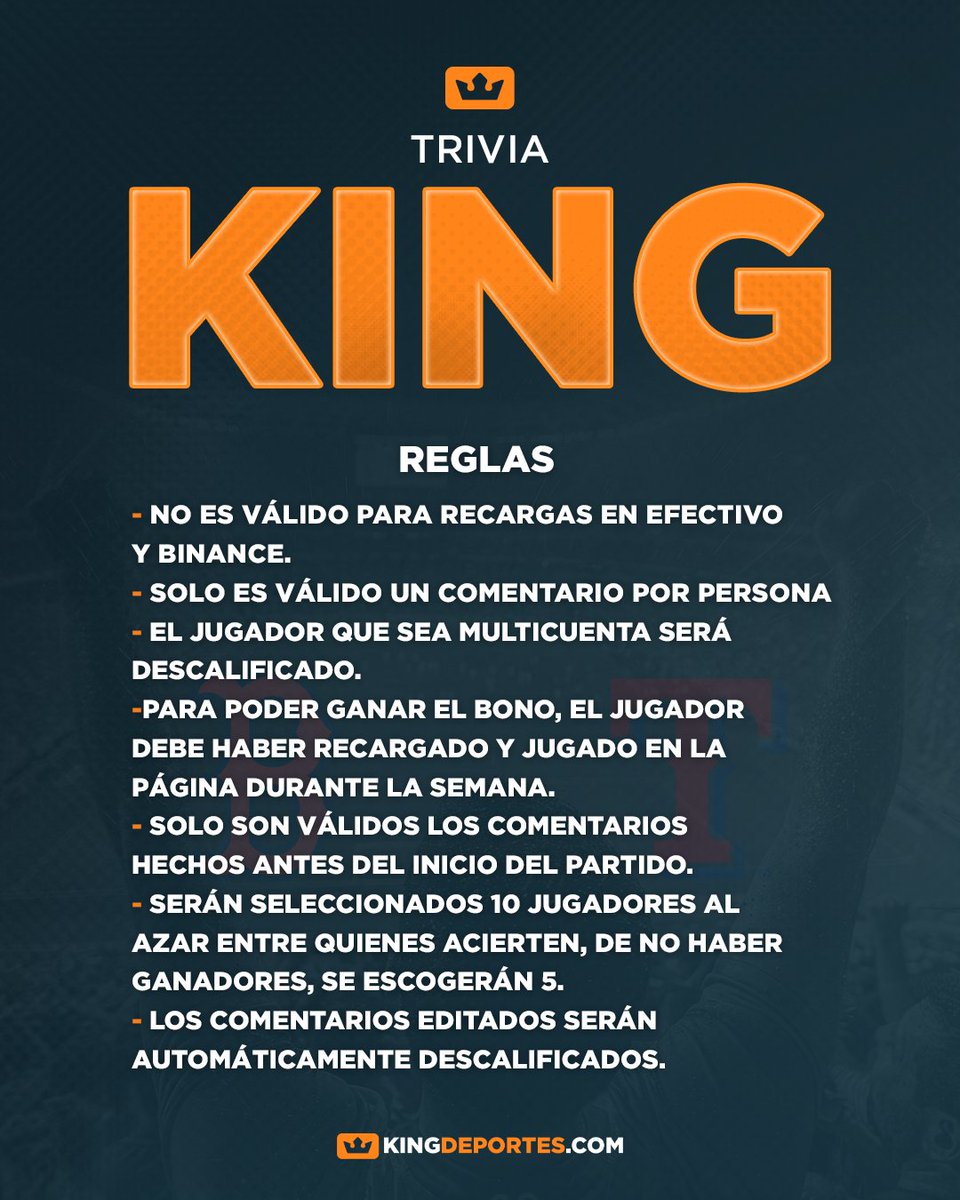 kingdeportesve's tweet photo. Llegó lo que estabas esperando
Vuelve la #Triviaking🤑

Para participar solo debes:
✅Seguirnos
✅Dar like
✅Comenta tu pronóstico y usuario en KingDeportes (Solo un comentario)

NO valido para recargas en efectivo🚨
Partido del día 03/08/24���️ https://t.co/0IzTwdclSj