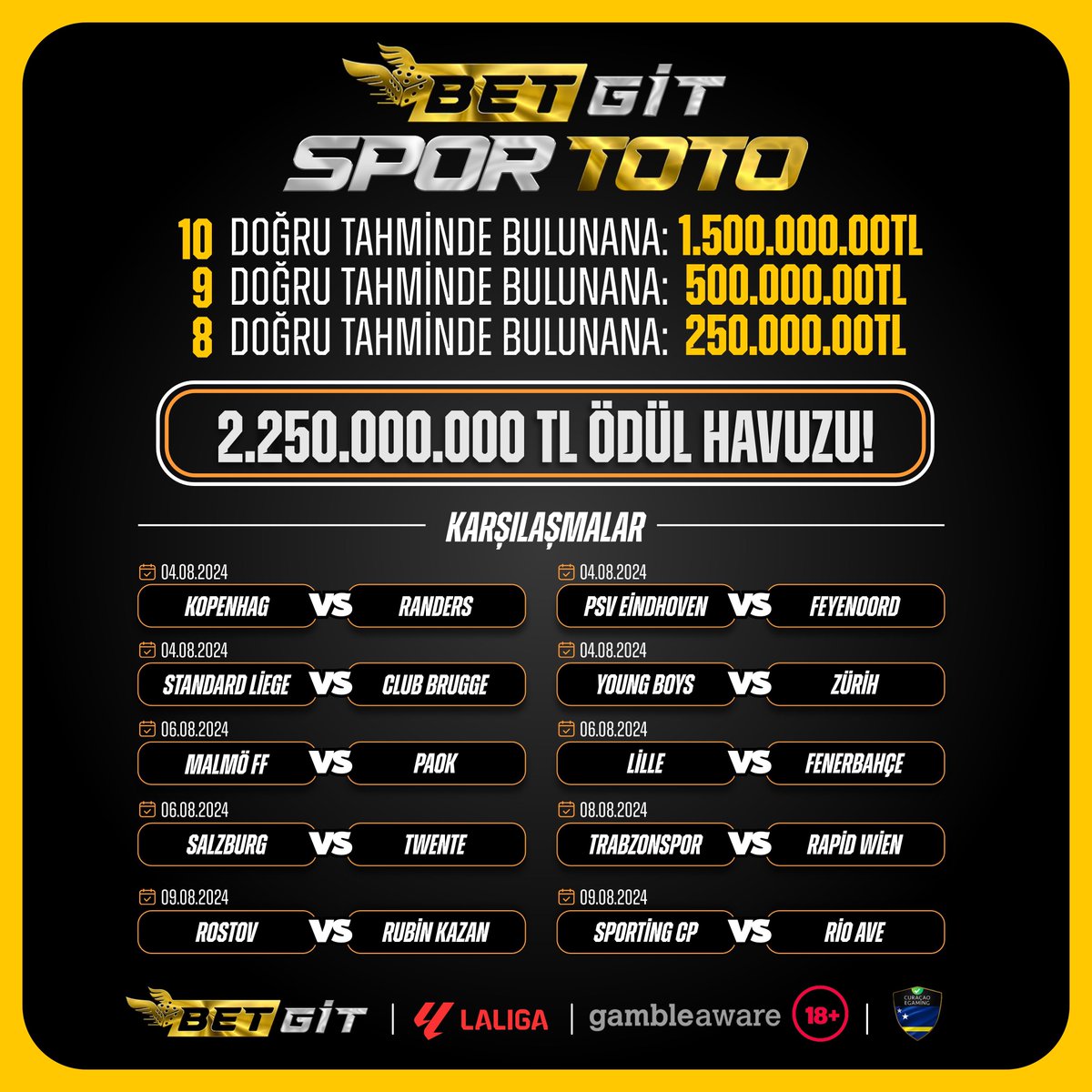 🌟 BETGİT SPOR TOTO 🌟

ÖDÜL HAVUZU: 2.250.000 TL 

🪙10 Doğru tahminde bulunan 1.500.000TL
🪙 9  Doğru tahminde bulunan  500.000TL
🪙 8  Doğru tahminde bulunan  250.000TL

Tüm detaylar formda!

Katılım formu: tr.surveymonkey.com/r/QMZP9HL