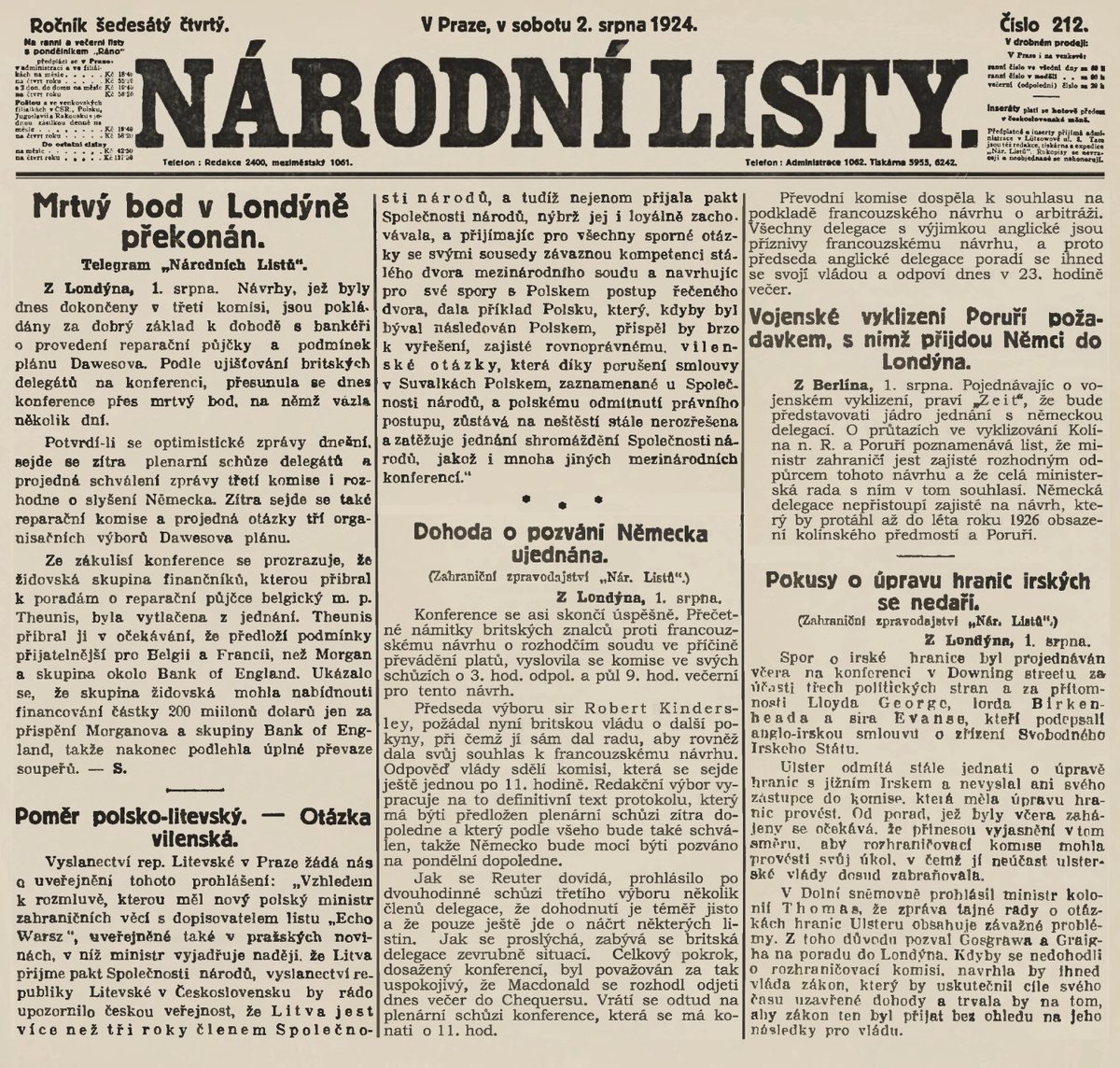 ListyHistoricke's tweet photo. Národní Listy; ranní vydání; 2.8.1924
#CeskeListyHistoricke #Valka #Historie #Pred100lety https://t.co/OZs2BpQuvA