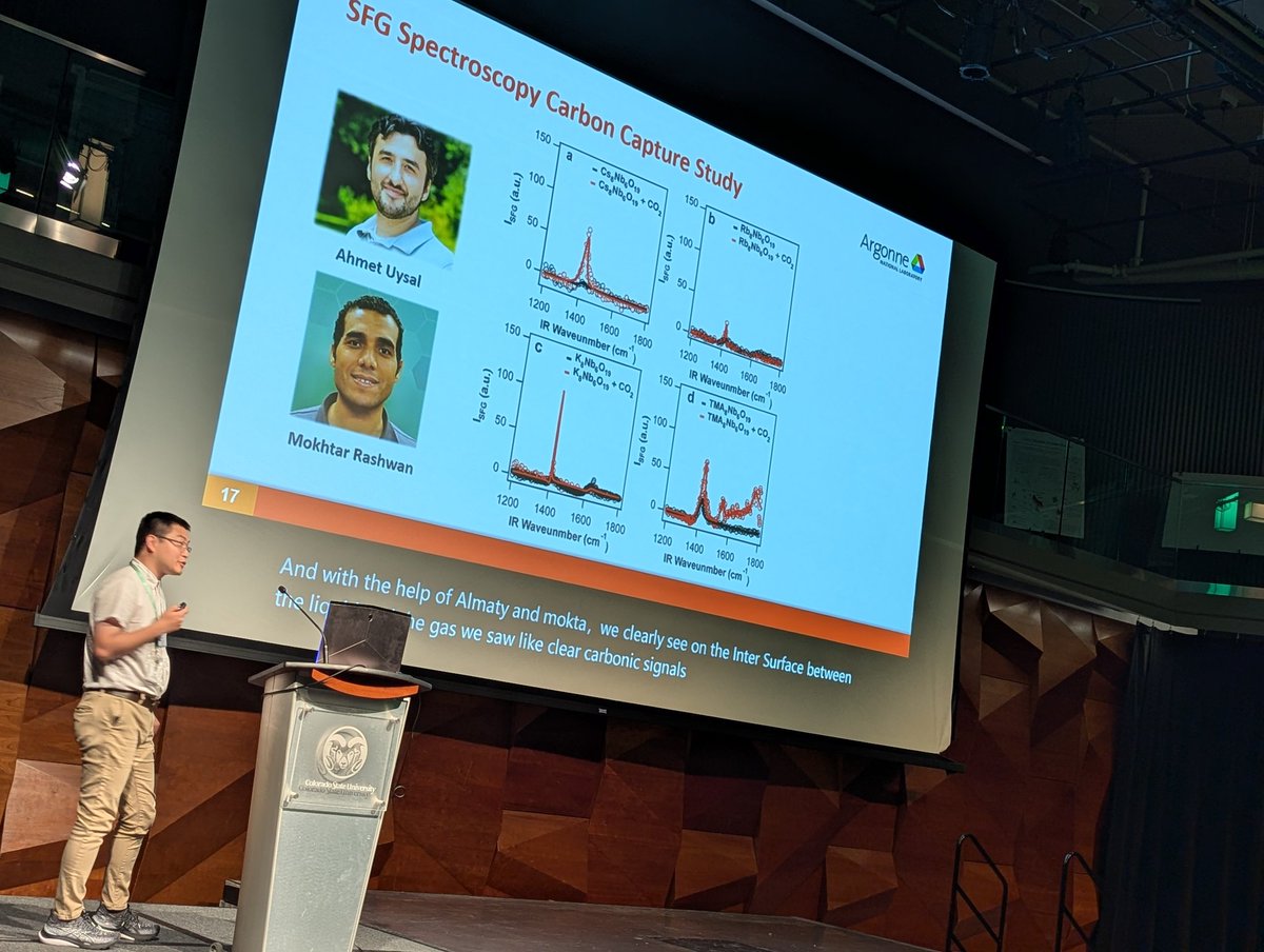 Zhiwei Mao presenting his exciting recent paper in <a href="/J_A_C_S/">J. Am. Chem. Soc.</a> at <a href="/Iccc2024/">ICCC_2024</a>  <a href="/ColoradoStateU/">Colorado State University</a>. Shown is SFG of niobium carbonate at the interface illustrating #CO2 capture, collaboration with <a href="/argonne/">Argonne National Lab</a> <a href="/FloatingScience/">Ahmet Uysal</a> <a href="/MokhtarMrashwan/">Mokhtar Rashwan</a> <a href="/ENERGY/">U.S. Department of Energy</a> #funded