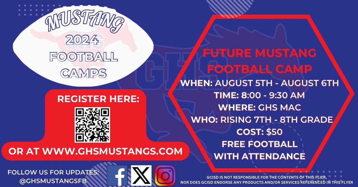 GHSMustangsFootball (@ghsmustangsfb) on Twitter photo Countdown is on! Last camp of the summer starts Monday! Still time to register! Email Jeffrey.hyde@gcisd.net for employee discounts or scholarships. @CMSColtGRIT <a href="/GMSPonies/">GMS Boys Athletics</a> <a href="/CTMSWolvesBoys/">CTMS Boys Athletics</a> #MUDITA Countdown is on! Last camp of the summer starts Monday! Still time to register! Email Jeffrey.hyde@gcisd.net for employee discounts or scholarships. @CMSColtGRIT <a href="/GMSPonies/">GMS Boys Athletics</a> <a href="/CTMSWolvesBoys/">CTMS Boys Athletics</a> #MUDITA