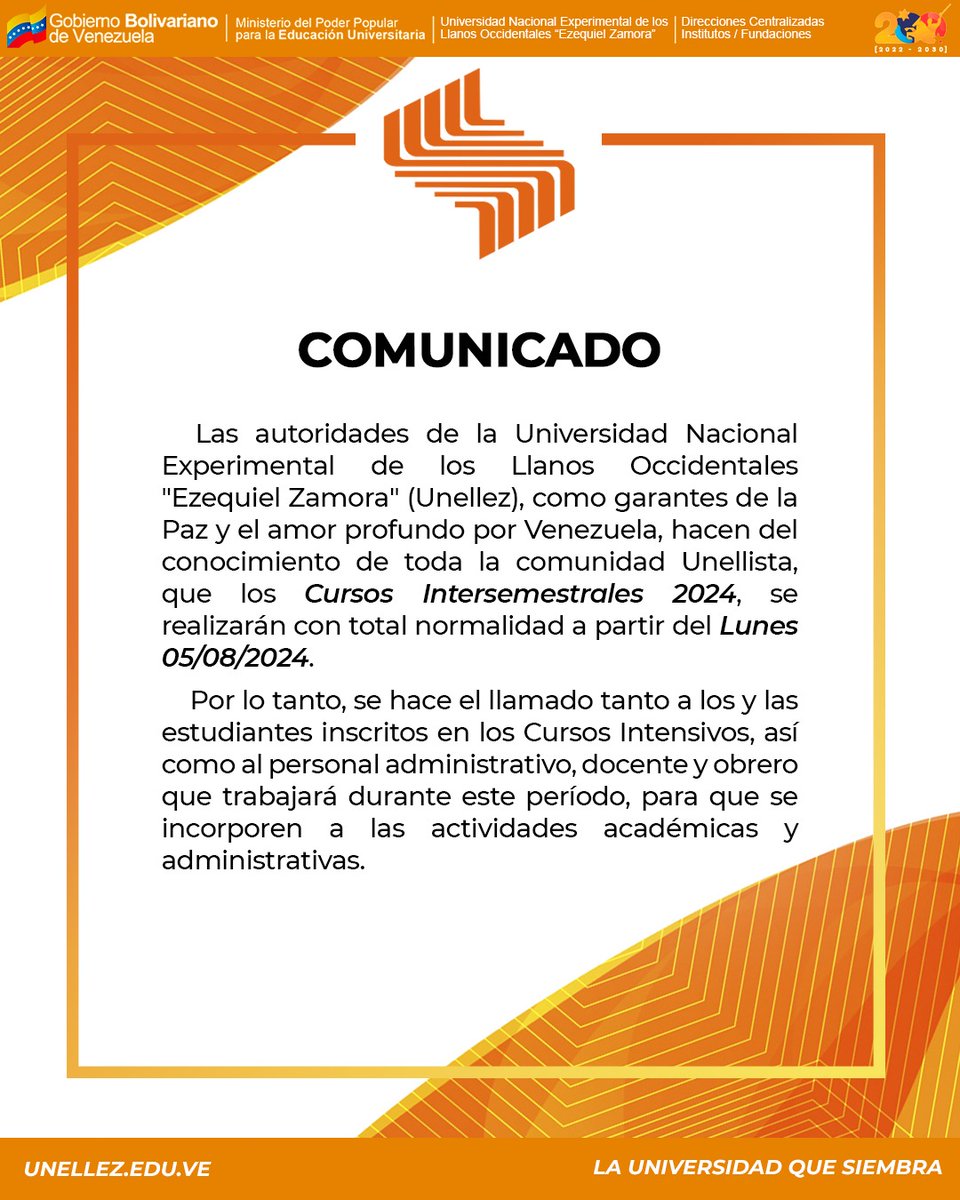Las autoridades de la Unellez, como garantes de la Paz y el amor profundo por Venezuela, hacen del conocimiento de toda la comunidad Unellista, que los Cursos Intersemestrales 2024, se realizarán con total normalidad a partir del lunes 05/08/2024. unellez.edu.ve/noticias/index…