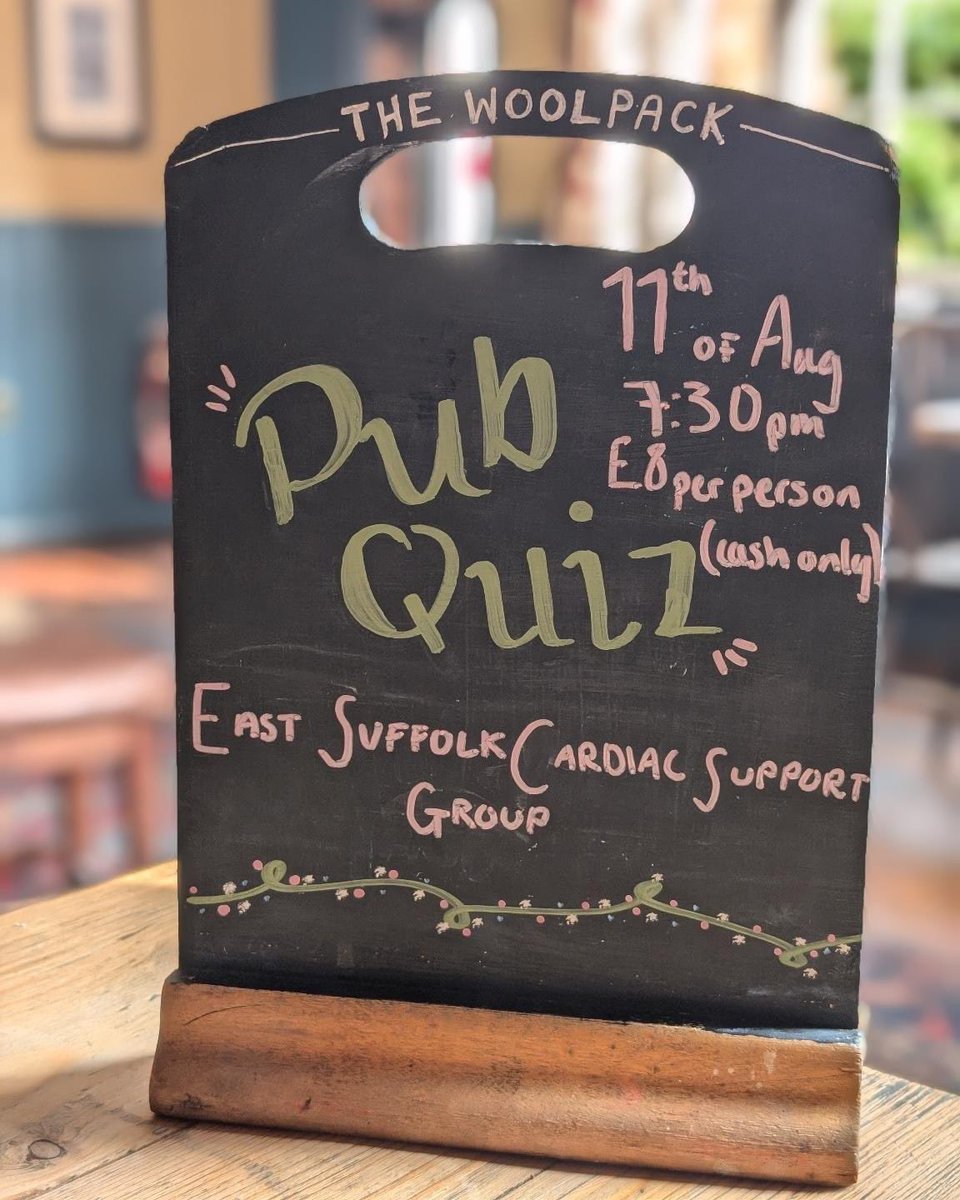 WoolpackIpswich's tweet photo. ⁉️PUB QUIZ⁉️
On Sunday 11th August we'll have our pub quiz in support of EastSuffolkCardialSupport Group!
6 people MAX per team!
Call us at 01473 215862, message us here or email at woolpackbookings@gmail.com to book a table now! 😁 #ipswich #pubquiz #suffolk https://t.co/CbrowM0tpI