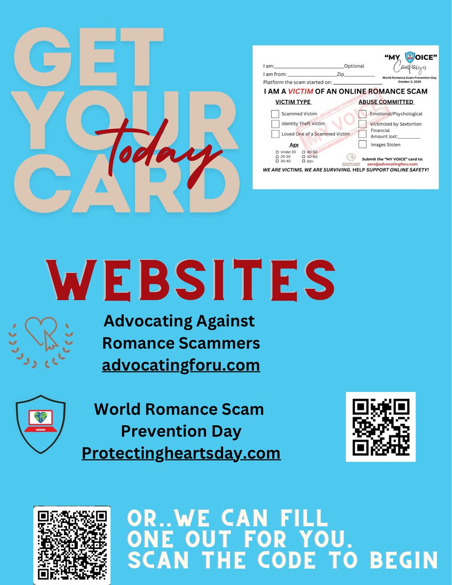 AdvocatingforuC's tweet photo. SEND THOSE "MY VOICE" CARDS IN! 
Share to those who have been defrauded, photos have been stolen and used to scam and all of their friends and loved ones. Your voice matters!
#MYVOICE #romancefraud #romancescams #pigbutchering #share #support #advocatingforu #aars #whatthehack https://t.co/EvxJ4hMPY0