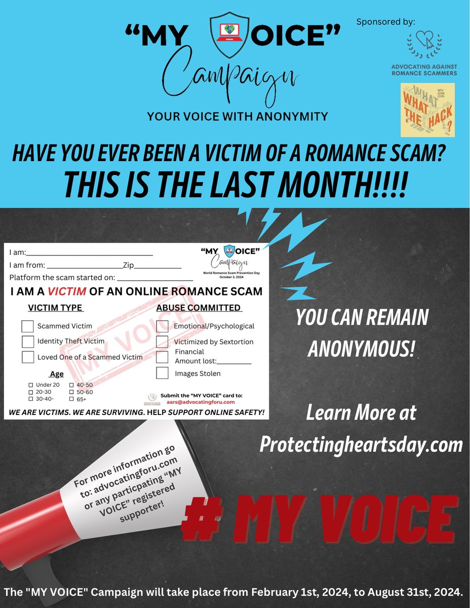 AdvocatingforuC's tweet photo. SEND THOSE "MY VOICE" CARDS IN! 
Share to those who have been defrauded, photos have been stolen and used to scam and all of their friends and loved ones. Your voice matters!
#MYVOICE #romancefraud #romancescams #pigbutchering #share #support #advocatingforu #aars #whatthehack https://t.co/EvxJ4hMPY0