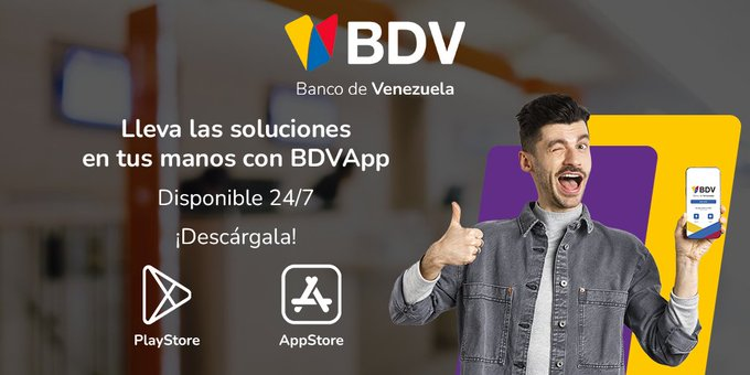 Si eres cliente #BDV y aún no tienes nuestra #BDVAPP📲 te invitamos a descargarla para que realices tus operaciones desde un solo lugar.

Nuestra #BDVApp es cómoda, intuitiva y lo mejor es que puedes hacer tus pagos y recargas 24/7.

Disponible en ambos sistemas operativos 🤳