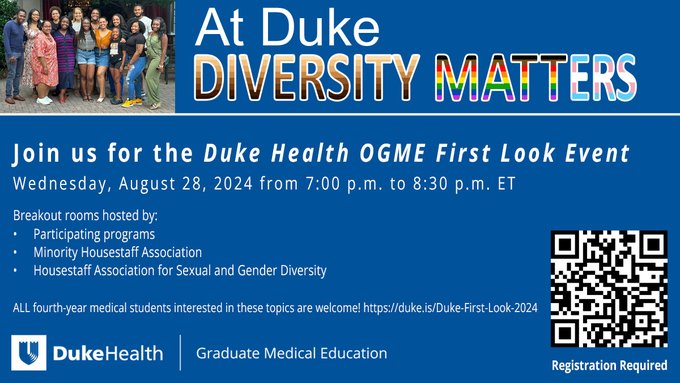 Thinking about where to go for residency? Come to Duke’s online First Look Event on Wed., Aug. 28th, 7-8:30 p.m. ET &amp; talk to program leaders, faculty, &amp; residents. ALL med students welcome. 
Register here duke.is/Duke-First-Loo… 
#PathologyResident <a href="/dukegme/">Duke GME</a>