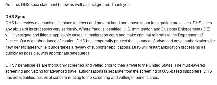 Adilene_Anahi's tweet photo. About the Parole program suspended by DHS, they responded to me: https://t.co/e2woV9rfZ3
