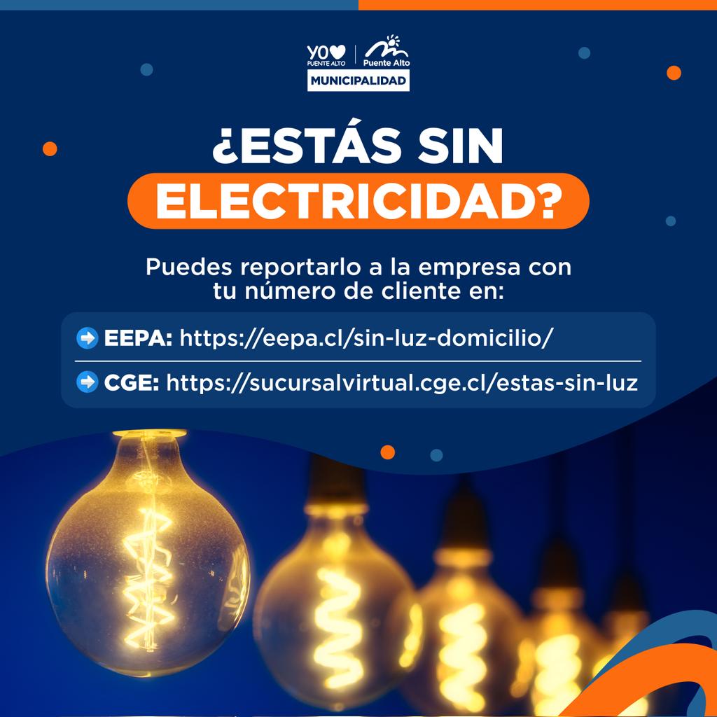 🌨️ Las fuertes lluvias y los vientos podrían generar cortes de electricidad y las empresas que operan en la comuna han habilitado un link para reportar la situación
CGE: sucursalvirtual.cge.cl/estas-sin-luz
EEPA: eepa.cl/sin-luz-domici…