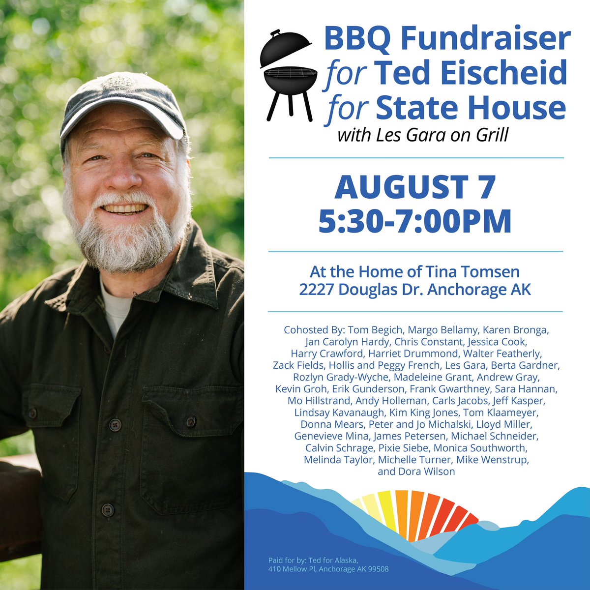 TedForAlaska's tweet photo. We’re fundraising in style next week! Join us at the home of Tina Tomsen for a BBQ in support of Ted’s election to the State House. As an added bonus, we’ll have Les Gara on the grill. 🍖 ☀️ https://t.co/p8sFy6yxXt