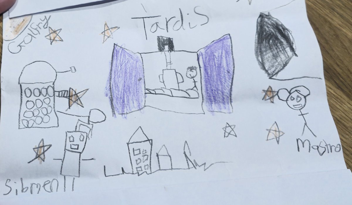 VerityRose's tweet image. When your 6 year old comes home from Kids Club with a drawing of her favourite show. How cute! @bbcdoctorwho including one of her most watched episodes and favourite characters @JinkxMonsoon #Maestro #Darleks #Cybermen #Ncuti