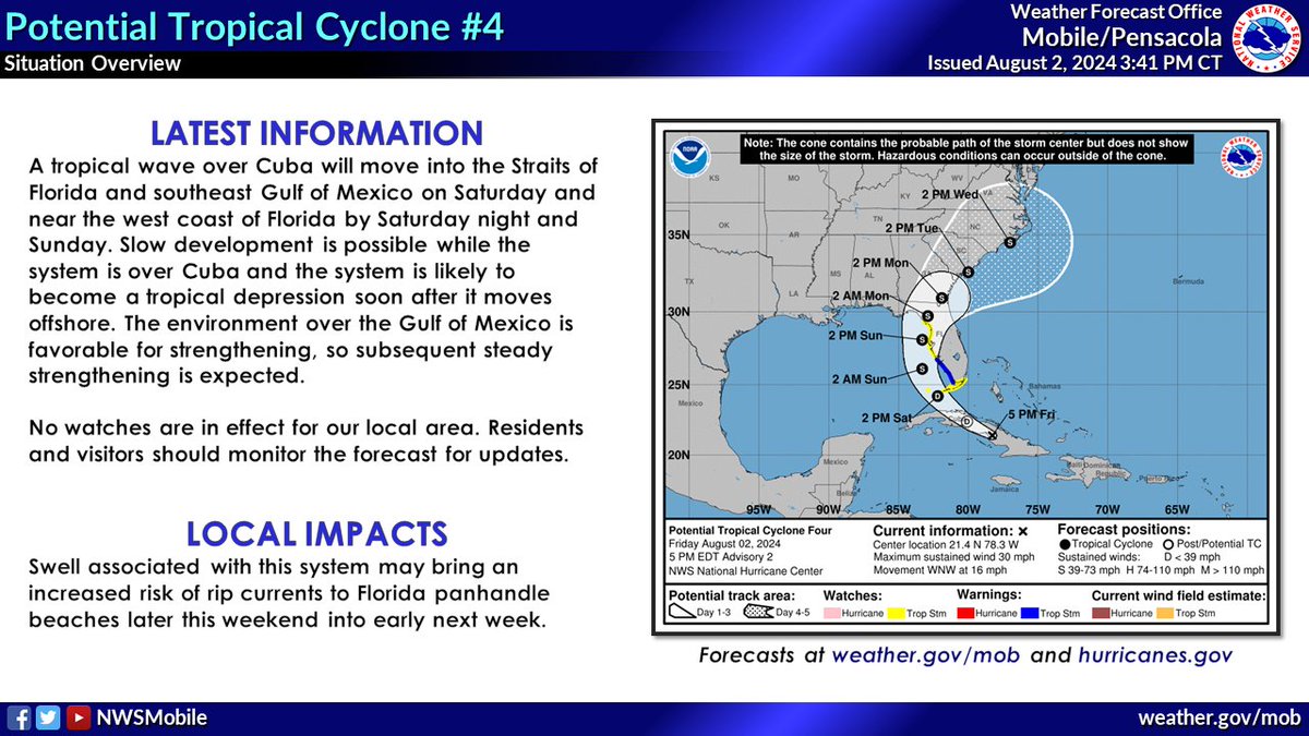 NWSMobile's tweet photo. 🌀 4pm Tropical Update (08/02): Potential Tropical Cyclone 4 will move into the eastern Gulf of Mexico this weekend.

There are NO Watches for the local area.

Most of the impacts will be north &amp; east of the center of this system.

📷 Local Tropical page:
https://t.co/SUDGPLVDFJ https://t.co/DCfVSLpz0g