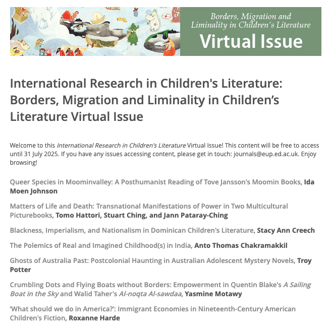 Dear children's literature scholars,
In advance of every IRSCL Congress, the IRCL has a free online virtual issue. Here is the link for the "Borders, Migration and Liminality in Children’s Literature" issue: euppublishing.com/ircl/virtualis…
It will be free to access until 31 July 2025