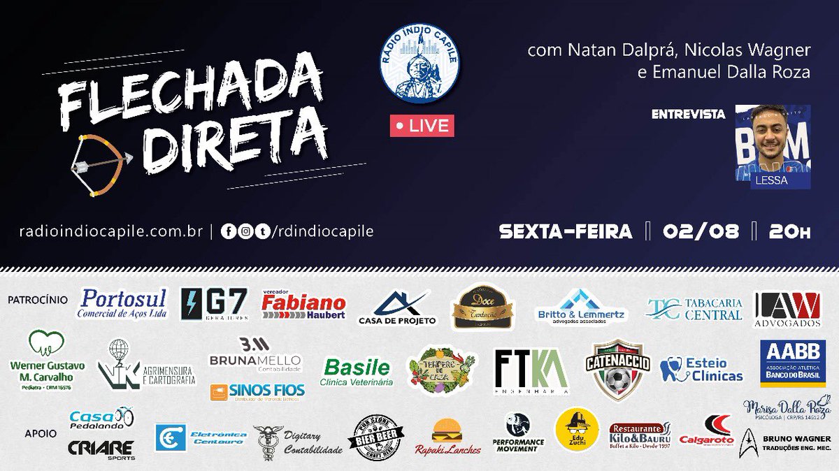 rdindiocapile's tweet photo. 🏹FLECHADA DIRETA ENTREVISTA O LATERAL DIREITO LESSA, NOVO REFORÇO DO AIMORÉ
⏰20h
🗣️ @palindromices, @NicoWagner e @radiocabecadura
🎧 https://t.co/NMbDZDQYQw, apps e Lives no Facebook e YouTube
📲(51) 99489-8080
#radioindiocapile #flechadadireta #aimore #copafgf #lessa https://t.co/CjFzwaEi41