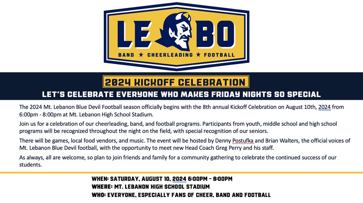 mtlebofootball's tweet photo. It’s that time of year again. Celebrate the start of the high school football season with the annual Kickoff Celebration, August 10th from 6pm - 8pm at the Mt Lebanon High School Stadium. https://t.co/URIz7vPpBy