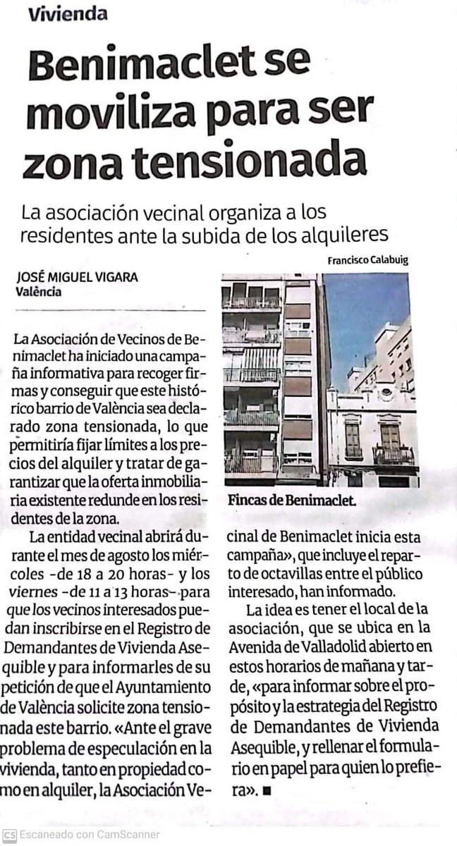 Desde la <a href="/BenimacletAvv/">AVV Benimaclet</a> iniciamos una campaña para declarar el barrio ZONA TENSIONADA
No a la especulación!!!
Que nadie se vea obligado a marcharse de su barrio por no poder acceder a una vivienda!!!
.<a href="/FedVeinalVLC/">Federació d'Associacions Veïnals de València</a> 
.<a href="/DsftBenimaclet/">DisfrutaBenimaclet</a> 
.<a href="/HortsBenimaclet/">Horts Urbans de Benimaclet</a> 
.<a href="/AjuntamentVLC/">Ajuntament València</a>