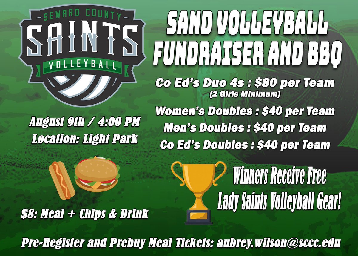 Seward County Volleyball (@sewardsaintsvb) on Twitter photo Hang out with your SCCC Volleyball team, get your belly full,& compete for some Saints Volleyball Gear!
Email: aubrey.wilson@sccc.edu to register your team, buy meal tickets, or any questions. Hang out with your SCCC Volleyball team, get your belly full,& compete for some Saints Volleyball Gear!
Email: aubrey.wilson@sccc.edu to register your team, buy meal tickets, or any questions.