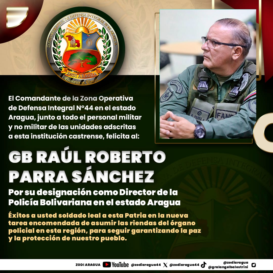 Desde la <a href="/zodiaragua44/">zodiaragua</a> vayan nuestros saludos al GB. Raúl Roberto Parra Sánchez, por su designación como Director de la Policía Bolivariana del estado Aragua.
Éxitos a usted soldado leal a esta Patria.