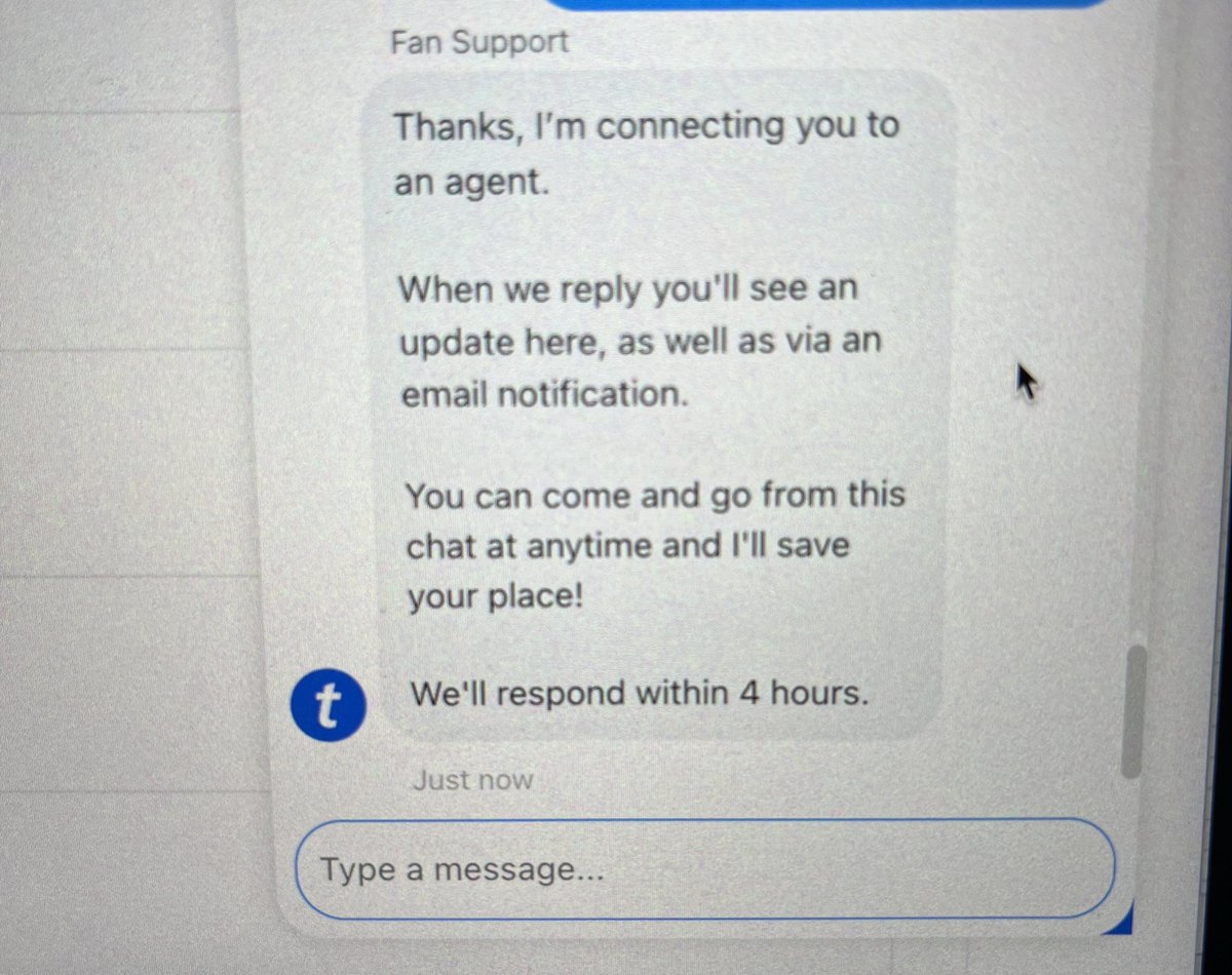 christina_kuo's tweet image. . @TMFanSupport 4 hrs kind of renders your chat bot useless. I use other company’s chats where I’m messaging w a live person and have never received a wait time of 4hrs. Hire more people!
#regulateticketmaster #junkfees