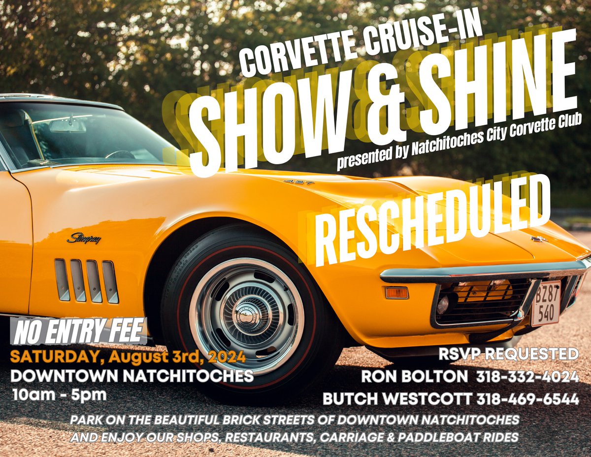 #FastCarFriday This weekend... Corvette Cruise-In Show &amp; Shine Downtown Natchitoches  Start your Saturday morning off in the fast lane by checking out all the cars on our beautiful brick streets! #GoNatchitoches