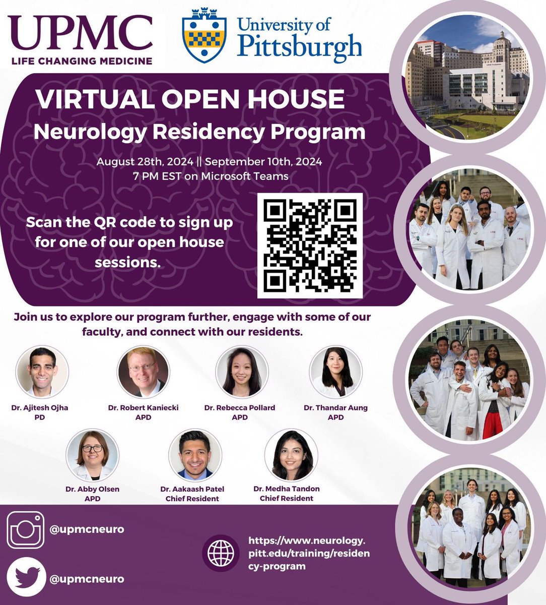 Open House Alert 🚨:
Inviting all Neurology Match 2025 applicants to join our Program Director, Dr. Ojha; our Associate Program Directors, Drs. Olsen, Kaniecki, Pollard and Aung; and our Chief Residents Drs Tandon and Patel on our Open House on Aug 28 and Sept 10, 7 PM EST!