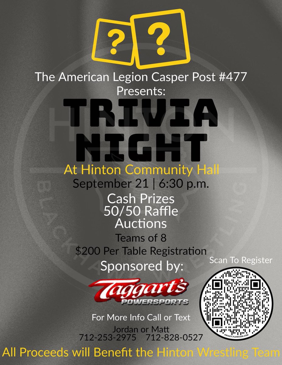 Trivia Night is back once again!! 

Check the Facebook page for the sign up link. Will be a great event to help support our wrestlers 🤼‍♂️ 🤼‍♂️🤼‍♂️