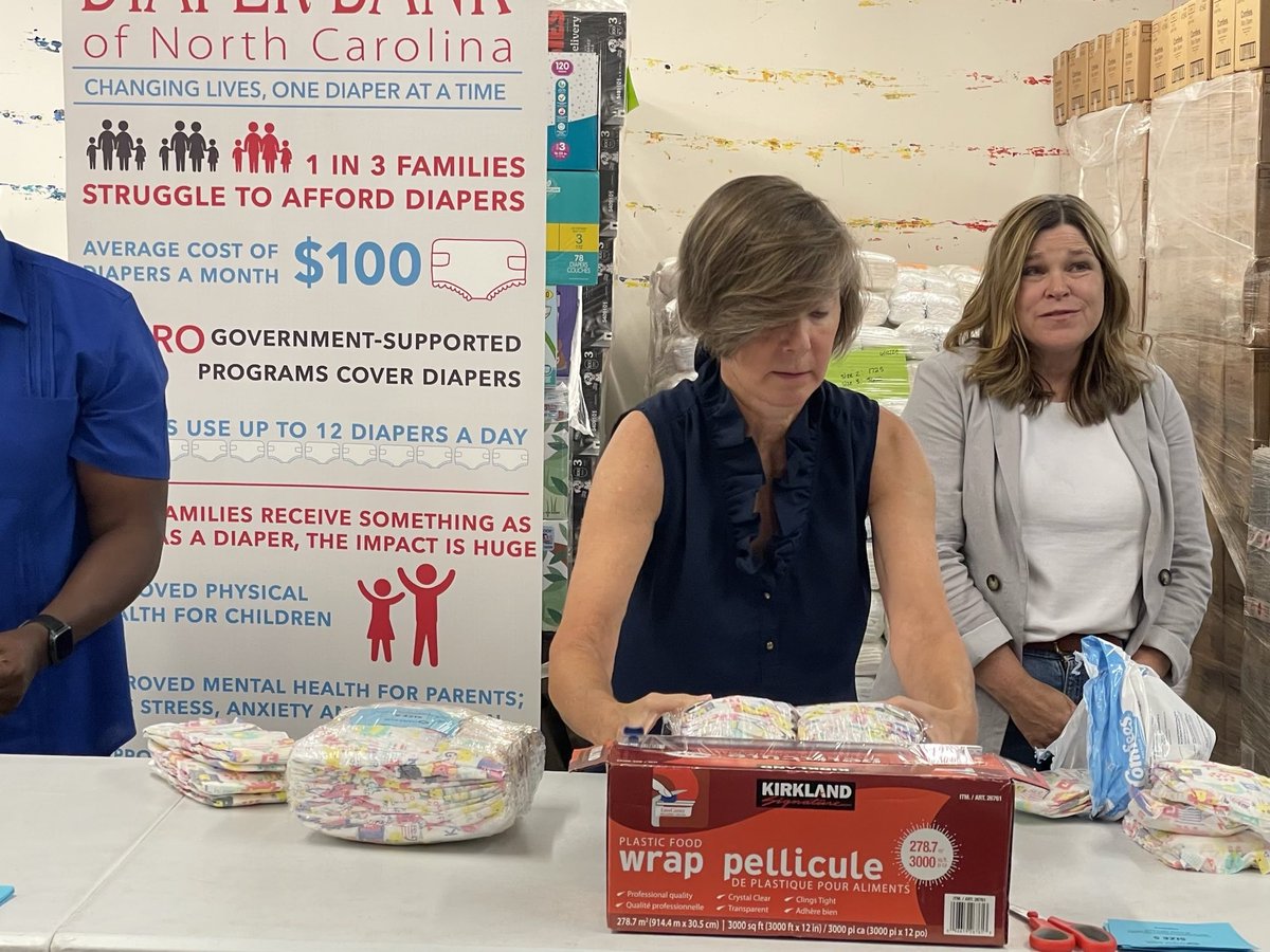 HuntforNC's tweet photo. Folks, diapers are so expensive that half of families struggle with diaper needs. If parents can’t afford this necessary tool, then they can’t send kids to daycare and can’t go to work. Thank you to everyone who came out to the Diaper Bank of NC. Had a great time packing diapers and chatting about ways to make NC the most pro-family state. #ncpol