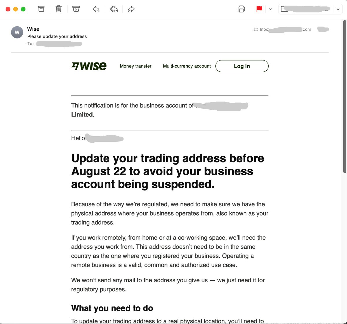 technuisance's tweet image. Wise – Update your trading address before August 22 to avoid your business account being suspended. #Wise @Wise #FuckWise technuisance.com/wise/wise-upda…