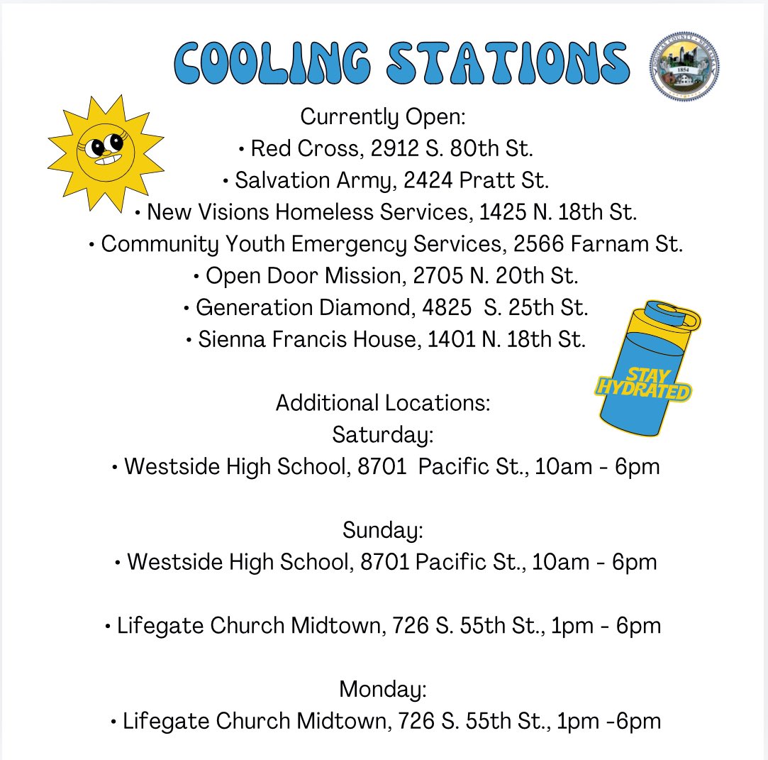 DouglasCountyNE's tweet photo. ‼️The following cooling stations are available to the public. Some locations may offer food and charging stations for devices, but services can vary by location. Remember to check on neighbors who may need assistance. Stay hydrated and take breaks if you are outside. https://t.co/LVjit16IGt