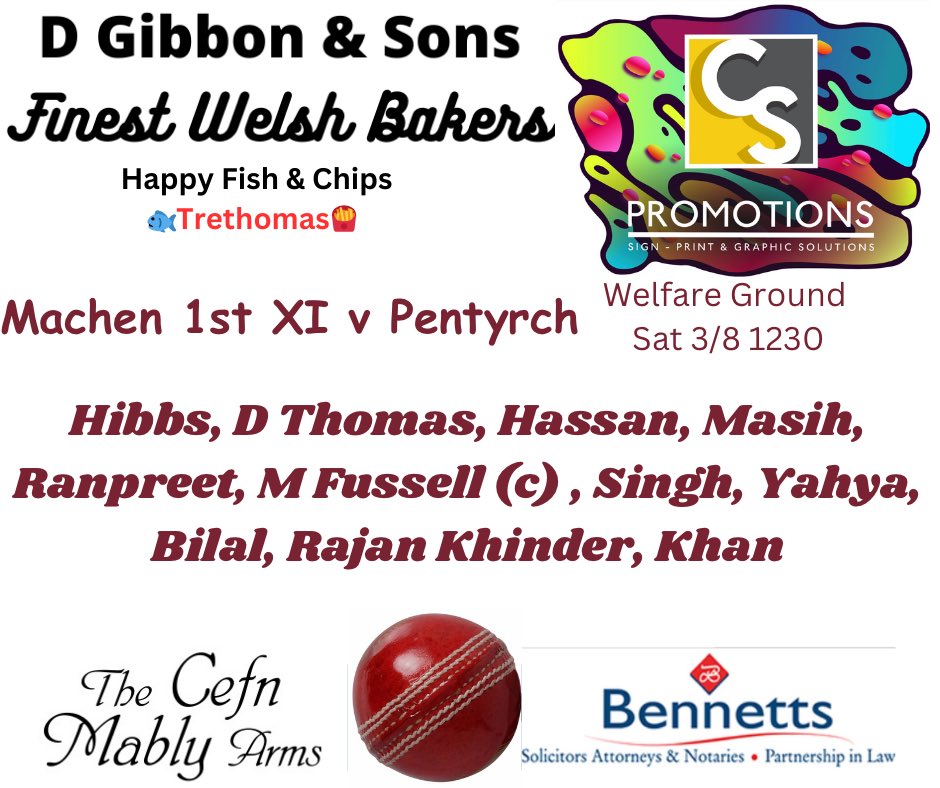 🏏Come &amp; support Machen 1st XI at home to <a href="/PentyrchCricket/">Pentyrch Cricket Club 🏏🦃</a> in <a href="/SEWCLeague/">SEWCL</a> Div 3

👏🏼Thanks to the sponsors on our teamsheet 
👍🏼Welcome to Ranpreet &amp; Rajan
