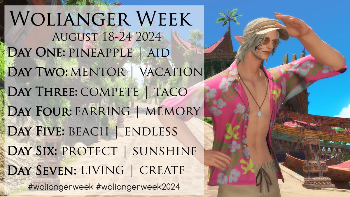 woliangerweek's tweet photo. Hooray, it's the fourth annual WoLianger Week! August 18-24, we invite you to share your WoL x Urianger ships! You can choose one prompt for each day, do both, or combine them! No rules, just tag content as needed. Use #woliangerweek / #woliangerweek2024 and we'll retweet it! ✨ https://t.co/g6Uee9nTfk