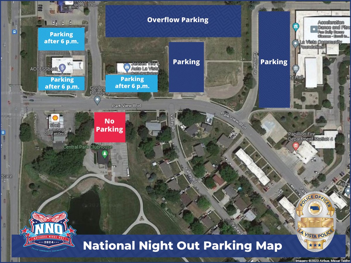 Meet us in Central Park on Tuesday, August 6, 6-9 p.m. for National Night Out.

Enjoy family-friendly activities, meet La Vista's Chief of Police Mike Schofield and participate in a safety walk around the pond. Free treats from Kona Ice and Starbucks, too!
CityofLaVista.org/NationalNightO…
